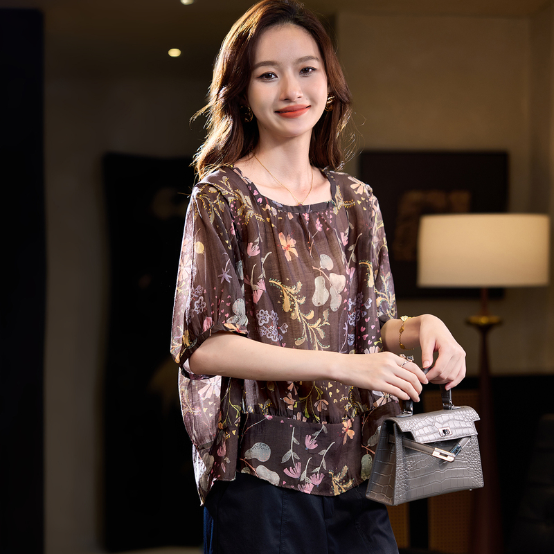 Boshi Li Batwing Sleeve Printed Hollow-Out Shirt 2026 Summer Lazy Loose Plus-Size Casual Versatile Fashion Shirt