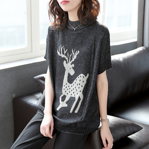 Bao Shi Li Qiu 2018 new deer in ngắn tay đan t-shirt nữ lỏng thường bat áo sơ mi nữ