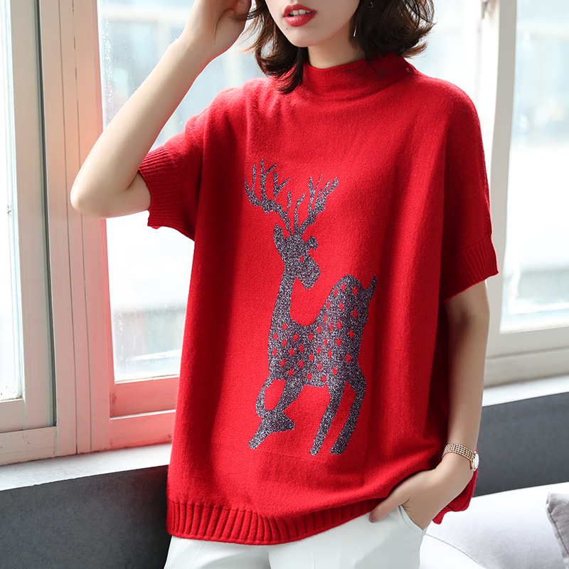 Bao Shi Li Qiu 2018 new deer in ngắn tay đan t-shirt nữ lỏng thường bat áo sơ mi nữ quần áo nữ 