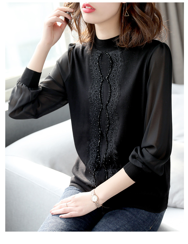 Bao Shi Li Chunqiu 2019 mới đính cườm ren khâu áo len đen của phụ nữ hoang dã mỏng chạm đáy áo thun những kiểu áo len dáng dài đẹp