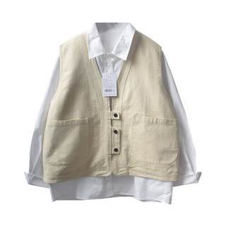 Japanese soft girl Mori girl style retro loose bf style classic double pocket V-neck tooling vest short vest for outerwear