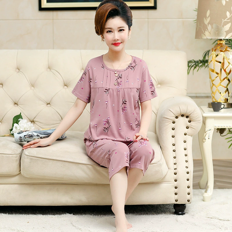 Đồ ngủ nữ mùa xuân và mùa hè quần cắt ngắn cotton bà mẹ trung niên phù hợp với ngoại cỡ cộng với người béo phục vụ tại nhà - Cha mẹ và con