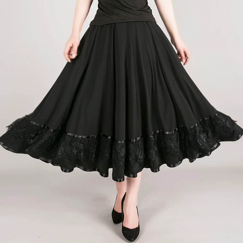 Черная большая танцевальная юбка одиночная юбка кружевная кружевная юбка ежедневная танца двухподобия квадратная танцевальная юбка