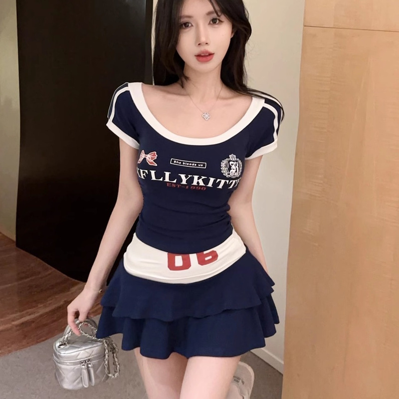 American Retro Color-Blocking Summer New Sexy Slim-Fit Hot Girl Style Slimming Short-Sleeve T-Shirt A-Line Skirt Sports Suit