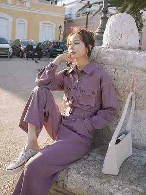 Lecea Alice denim women's 2021 Autumn New Korean version of foreign style overalls wide leg pants set