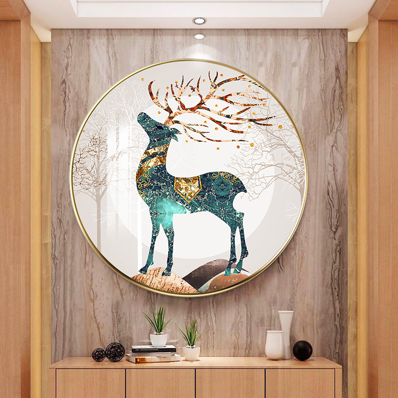 Nordic personality elk living room decoration painting new Chinese sofa background wall painting porch entrance large circular mural