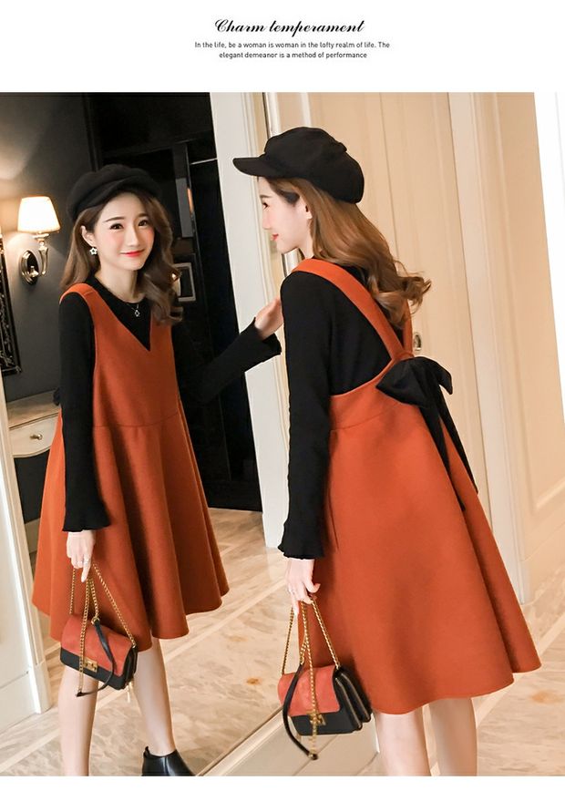 Trang phục bà bầu mùa thu 2018 phiên bản Hàn Quốc mới của mẫu váy hai dây mùa thu mẹ mang bầu mùa thu đông quần áo bầu