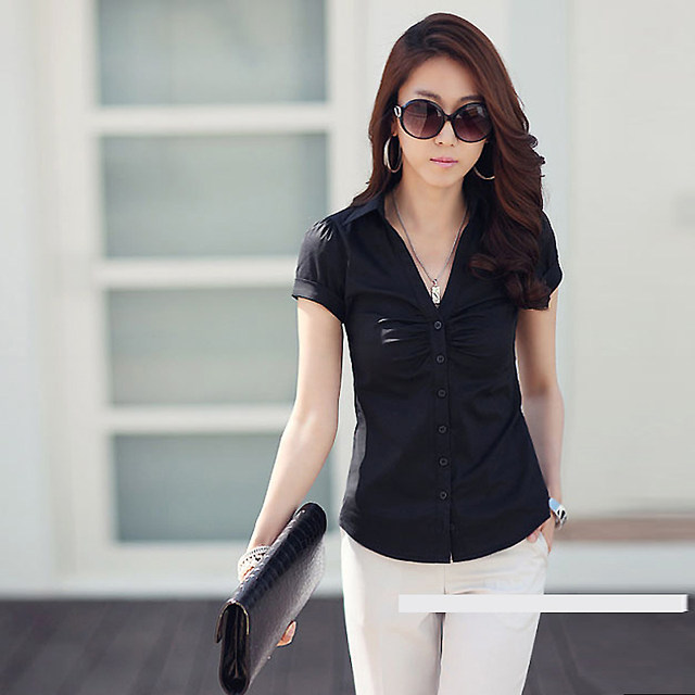 Summer slim black and white shirt female v-neck top casual work clothes professional wear formal dress short-sleeved cotton shirt
