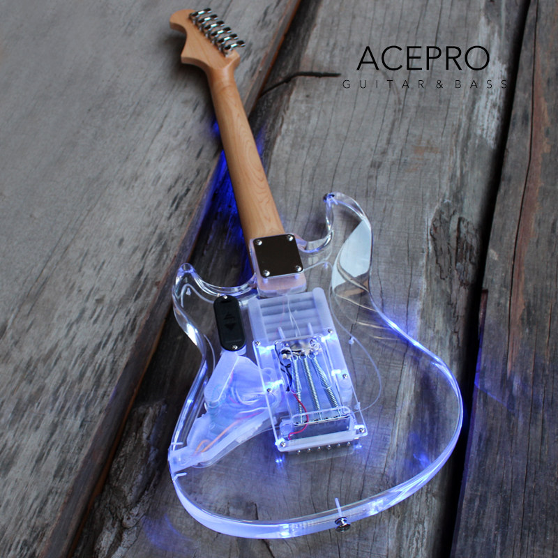 Acepro LED Light Electric Guitar Acrylic Body Blue LED Transparent
