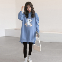 Pregnant womans sweatshirt with long and gush thickened loose large code casual even cap cartoon printed pregnant woman winter clothing blouse
