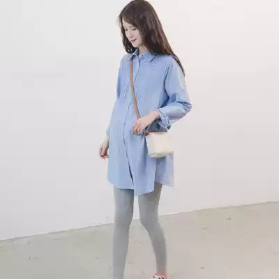 Pregnant women shirt autumn long sleeve top medium and long version cotton pleated maternity spring and autumn large size Blue professional shirt