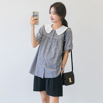 Pregnant Woman Plaid Shirt Summer White Flap Collar Shirt Loose Korean version Fashion style Embroidery Big Code Pure Cotton Short Sleeve Blouse