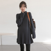 Pregnant woman sweater with long cover head upright collar pit strip pure color pregnant woman knit blouse for autumn and winter in the bottom fur coat