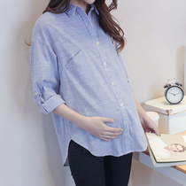 Pregnant womens shirt spring and autumn short vertical stripe lapel large size pregnant womens shirt tide mother pregnant women spring top pregnant period