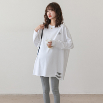 Pregnant Woman Autumn Clothing Blouse 2021 New Loose Big Code Fashion Breaking Cave pure cotton white pregnant woman Long sleeve t-shirt
