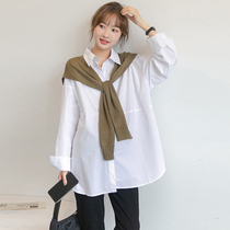 With knitted shawl shoulder ~ pregnant woman white shirt spring and autumn with long sleeves blouse loose large code pure cotton pregnant woman lining clothes autumn