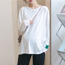 Pregnant Woman Spring Clothing blouses Long sleeves Long sleeves Loose Korean Version Fashion 100 lap Large yard pure cotton white pregnant woman with undershirt