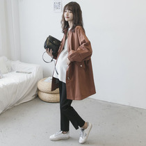 Pregnant womens windbreaker jacket Spring and autumn mid-length fashion maternity clothes loose plus size stand-up collar Korean pregnant womens jacket winter