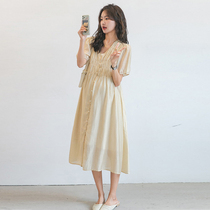 Pregnant woman Lieven dress Summer medium long style V collar temperament sweet and gentle wind pure color thin pregnant woman shirt dress