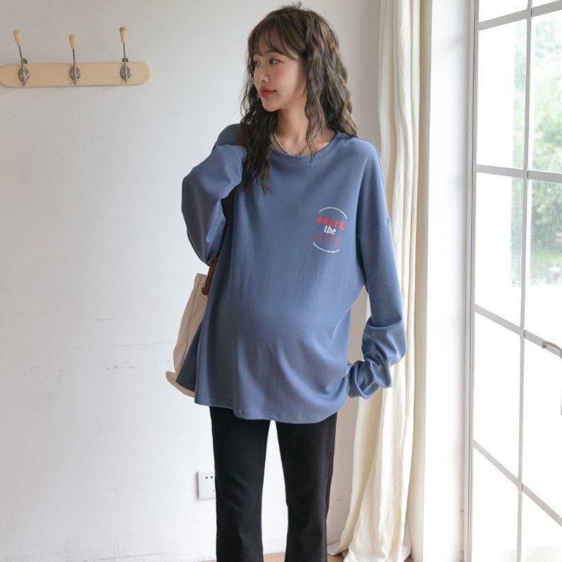 Pregnant women's autumn clothes blouses Long sleeves T-shirt with long version loose large size pure cotton Nehitch Tidal Moms Printed Pregnant Women's Clothing