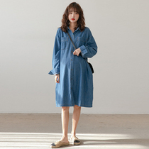 Pregnant Woman Denim Dress Spring Autumn Season Medium Long blouse Fashion foreign pistachio skinny cardiovert denim shirt dress