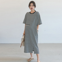 Pregnant woman long dress dress Summer new gestational woman dress casual Lazy Wind Round Collar Loose Large Code Striped T-shirt Dress