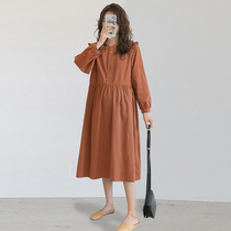 Pregnant Woman Spring Dress Dress dress Long sleeves Long style Fashion Temperament Korean version Great code a Character pure cotton Pregnant Woman Skirt