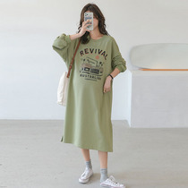 Pregnant Woman Sweatshirt Dress long style Knee Fashion Casual Big Code Cartoon Printed Casual and Less Round Collar dress