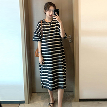 Pregnant woman Lieven dress Summer thin Breathable Loose Korean version Belly Belly slim Striped Casual Big Code Pregnant Woman T-Shirt Dress