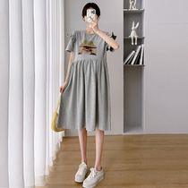 Pregnant woman short sleeve T-shirt with dress in summer dress with long style character printed high waist and long pregnant woman dress