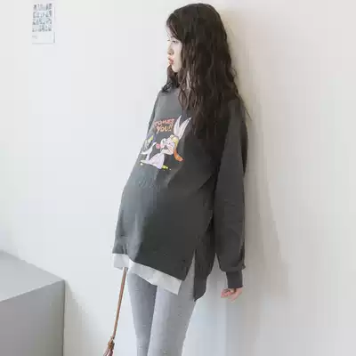 Pregnant Women's Spring and Autumn long sleeve T-shirt fake two-piece set fashion cartoon pregnant women's sweater cotton autumn coat