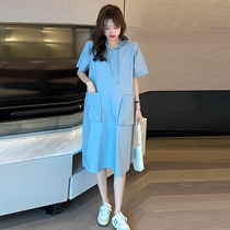 Pregnant Woman Summer Clothing Dress Dress Medium Long Style Fashion Tandem Hat Loose Korean version Leisure pocket Thin Pregnant Woman Skirt Summer