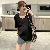 Pregnant woman t-shirt female summer short sleeve round collar pure color minimalist sweatshirt loose big code thin and pregnant woman with summer blouse