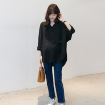 Pregnant woman black shirt spring and autumn with long sleeve blouse with big code cover and belly boomer personality closeted and fashionable gestation