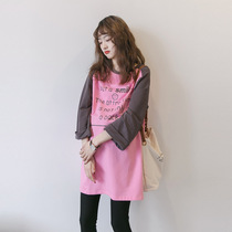 Maternity spring and autumn top mid-length three-quarter sleeve fashion Korean version of the letter loose cotton pregnant women t-shirt skirt tide mother