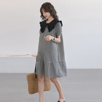 Pregnant woman with dress in dress and summer with loose big code fashion checkered with big code pure cotton pregnant woman skirt belly