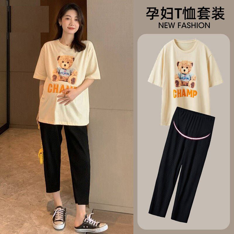 Summer Thin Maternity Tops, Maternity Cropped Pants, 8/9 Length Pants, Short-Sleeved T-Shirt for Outerwear, Plus Size Maternity Clothing Set