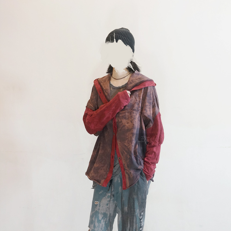Original Design by Yeke: Wasteland Decadent Style Hooded Cardigan Trench Coat, Casual Burgundy Psychedelic Dark Mix-And-Match Stylish