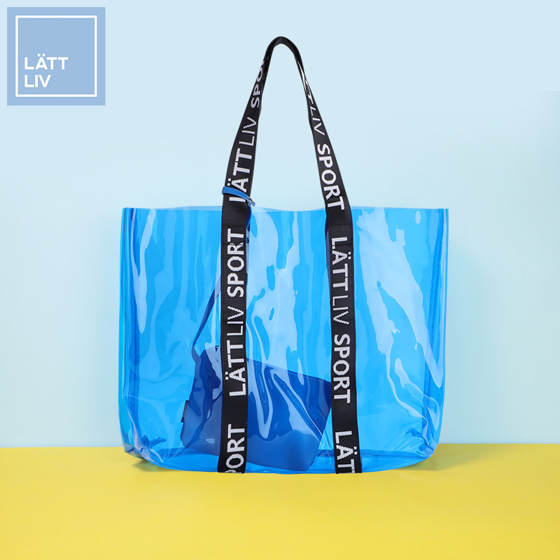 LATTLIV life worry-free fashion alphabet ribbon transparent jelly bag female blue shoulder bag student child mother bag
