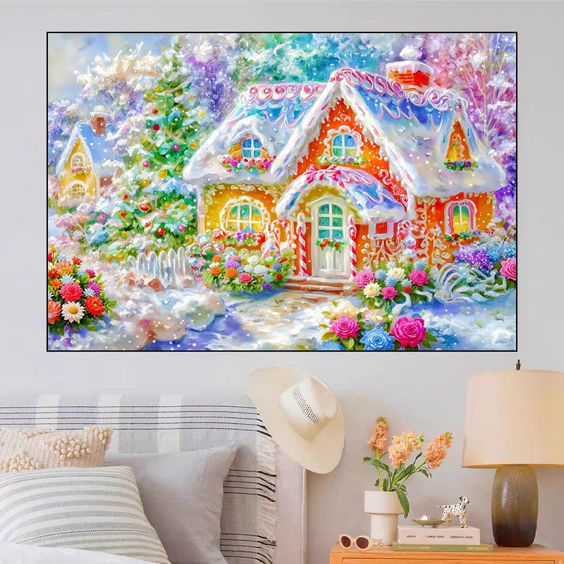 Snow Scene Candy House 2026 New Cross Stitch Large and Small Grids 77 Colors Full Embroidery Without Hook Edge [Naked Package Without Needle]