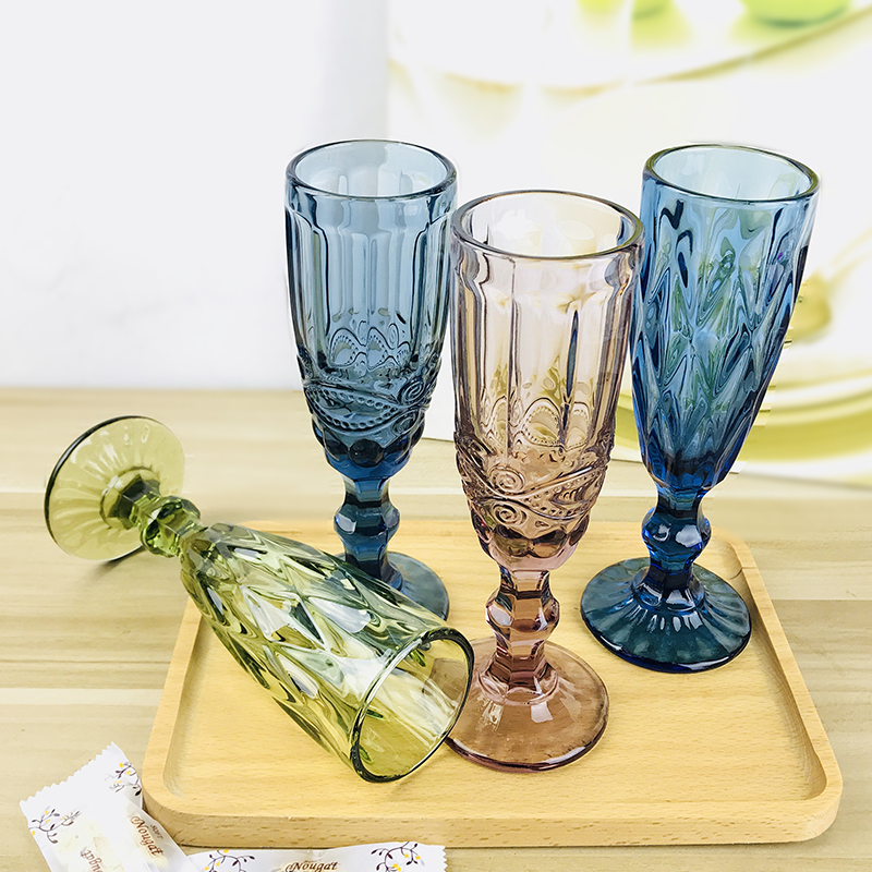 Champagne High Foot Cup Color Thickened Reliefs Creative White Wine European-style Home Crystal Glass Steam Bubble Cups