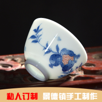 Jingdezhen handmade Jade clay ceramic master cup small tea bowl hand-painted blue and white pomegranate tea set Cup personal Single Cup