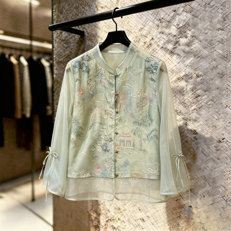New Chinese-Style Green Embroidered Shirt for Women, Summer Loose Lace Mesh Elegant Long-Sleeve Top, Plus-Size Women's Clothing