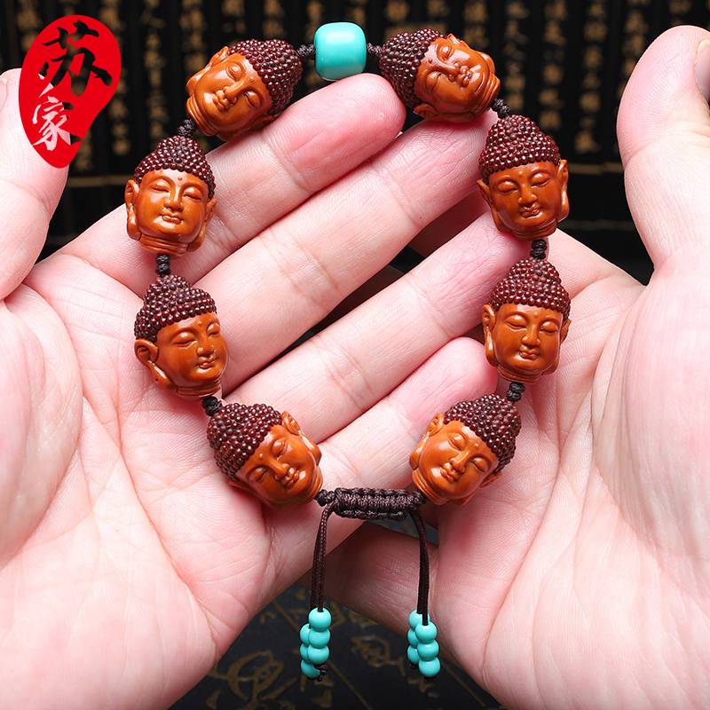 Olive Stone Bracelet with Buddha Head of Mahavairocana Buddha, Fine Stone Carving, Hand-Carved Bracelet for Men and Women