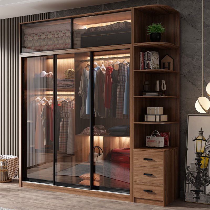 Home wardrobe small apartment Nordic wardrobe bedroom simple glass sliding door walnut color cabinet sliding door wardrobe