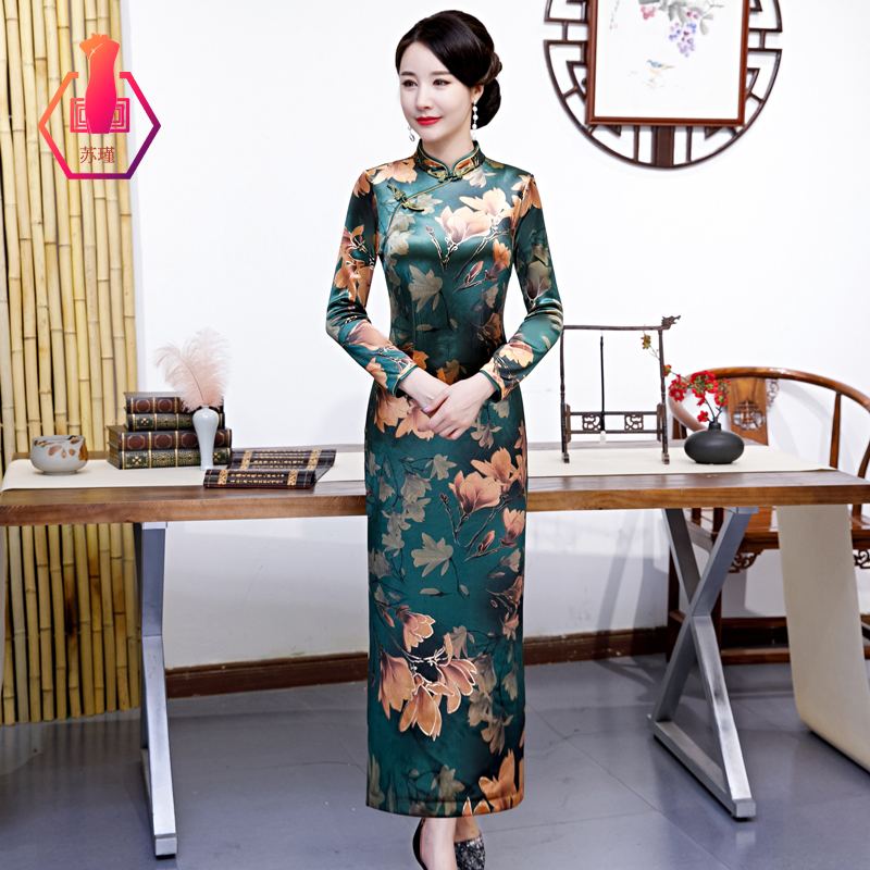 Modernized Cheongsam Dress, Vintage Chinese Style, Long Dress for Middle-Aged Women, High-End Everyday Wear, Wedding Banquet Dress, Autumn and Winter