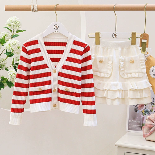 Осенний комплект, свитер, военно-морской кардиган, детская юбка, коллекция 2021