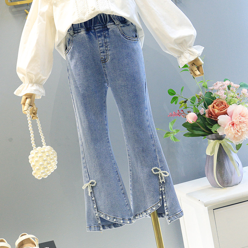 Girl Jeans 2022 Spring Autumn Dress New Korean Version Butterfly Knot Knitted Horn Pants Children Ladies Elastic Long Pants