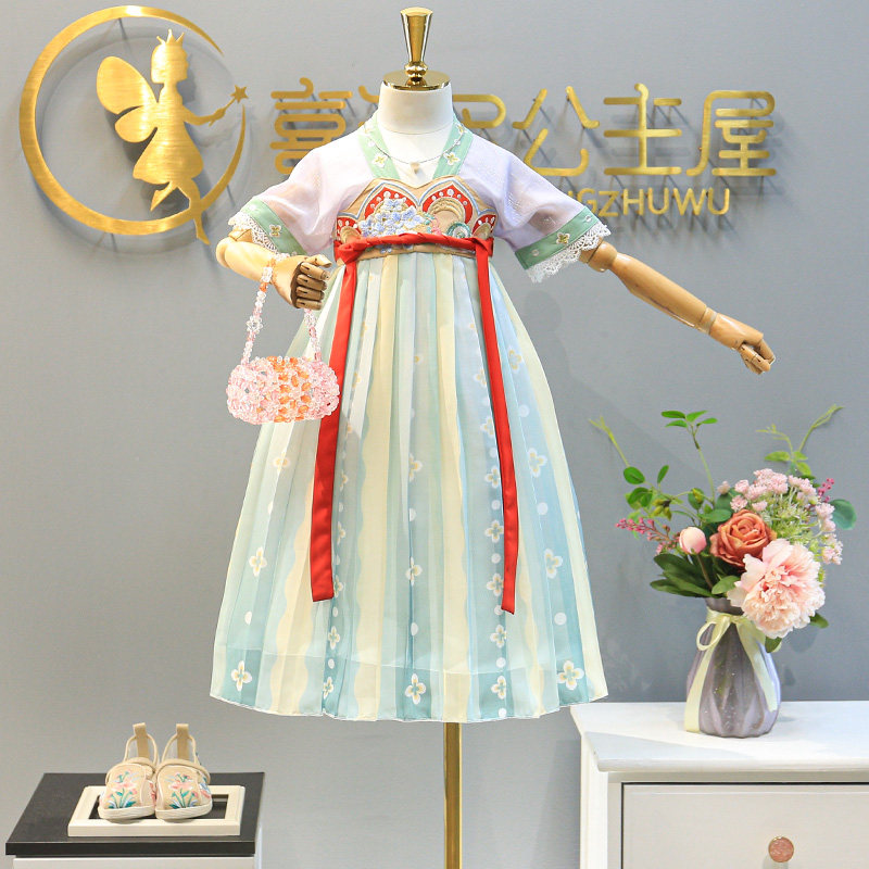 Girl Han Suits Summer 2022 Summer Dress New China Wind Embroidery Foreign Dress Children Princess Dresses Superfairy Goosewear Dress