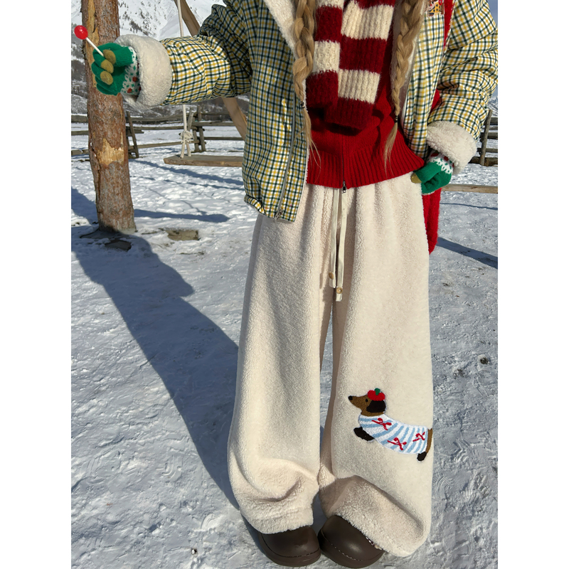 Uptomcc Street Style Warm Pants Korean Style Relaxed Versatile Snow-Proof Fleece Wide-Leg Warm Pants Winter